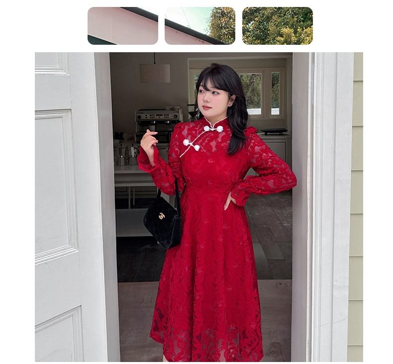 Plus Size Long Sleeve Mandarin Collar Floral Lace A-Line Midi Dress