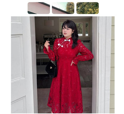 Plus Size Long Sleeve Mandarin Collar Floral Lace A-Line Midi Dress