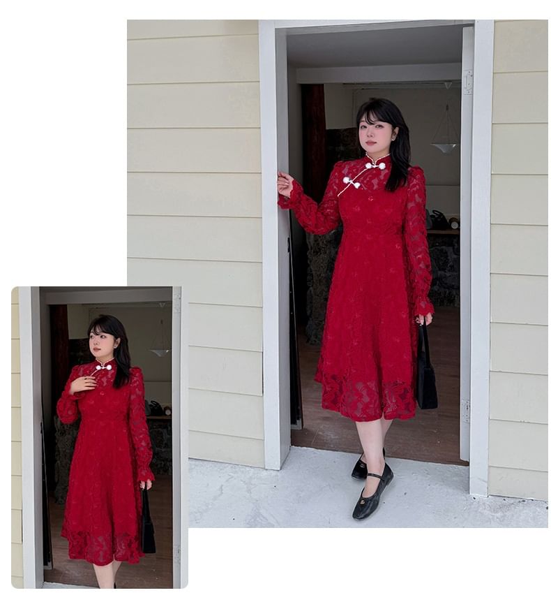 Plus Size Long Sleeve Mandarin Collar Floral Lace A-Line Midi Dress