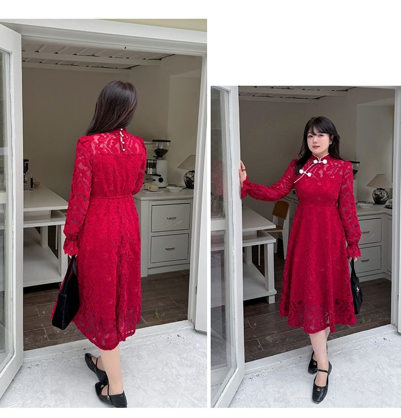 Plus Size Long Sleeve Mandarin Collar Floral Lace A-Line Midi Dress