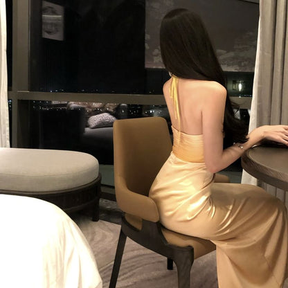 Halter-Neck Rhinestone Trim Two-Tone Satin A-Line Evening Gown