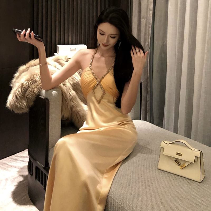 Halter-Neck Rhinestone Trim Two-Tone Satin A-Line Evening Gown
