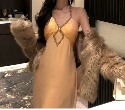 Halter-Neck Rhinestone Trim Two-Tone Satin A-Line Evening Gown