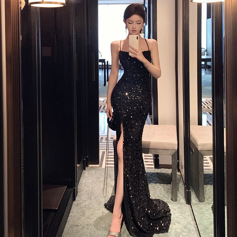 Spaghetti Strap Sequined Cross Back Mermaid Evening Gown