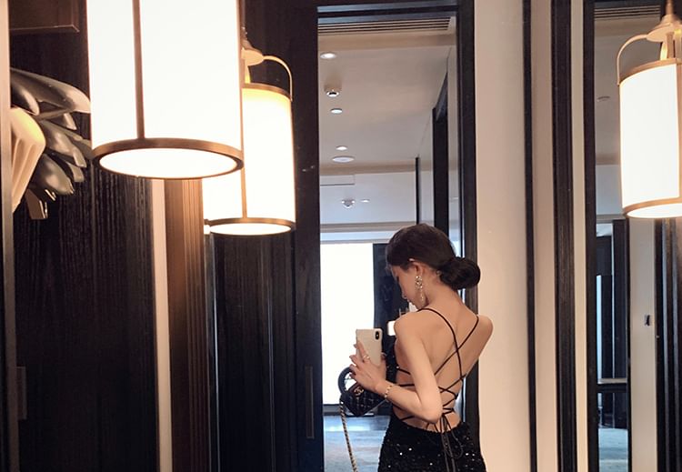 Spaghetti Strap Sequined Cross Back Mermaid Evening Gown