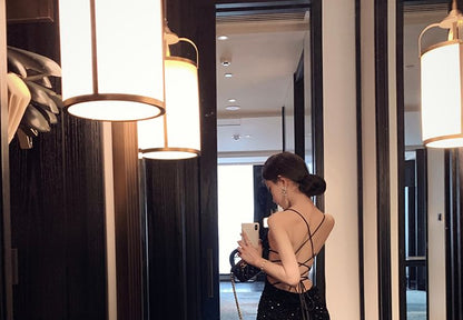 Spaghetti Strap Sequined Cross Back Mermaid Evening Gown