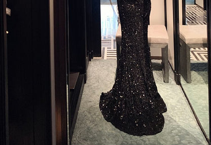 Spaghetti Strap Sequined Cross Back Mermaid Evening Gown