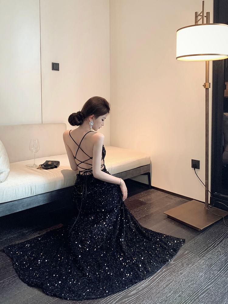 Spaghetti Strap Sequined Cross Back Mermaid Evening Gown