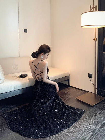 Spaghetti Strap Sequined Cross Back Mermaid Evening Gown