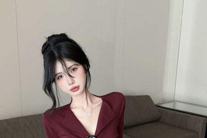 Long Sleeve V-Neck Plain Ruched Button Top