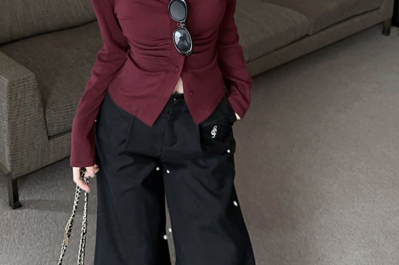 Long Sleeve V-Neck Plain Ruched Button Top