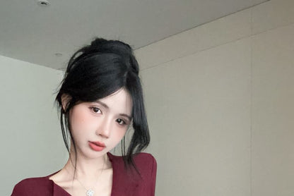 Long Sleeve V-Neck Plain Ruched Button Top