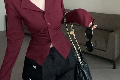 Long Sleeve V-Neck Plain Ruched Button Top