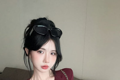 Long Sleeve V-Neck Plain Ruched Button Top