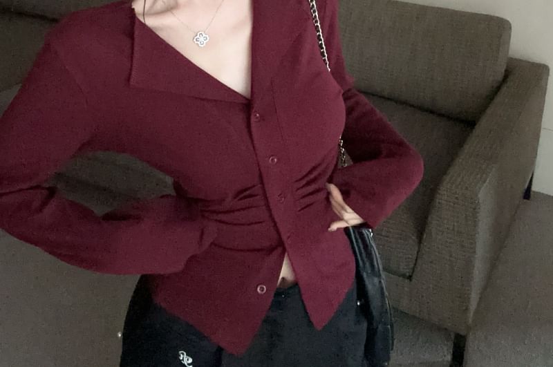 Long Sleeve V-Neck Plain Ruched Button Top