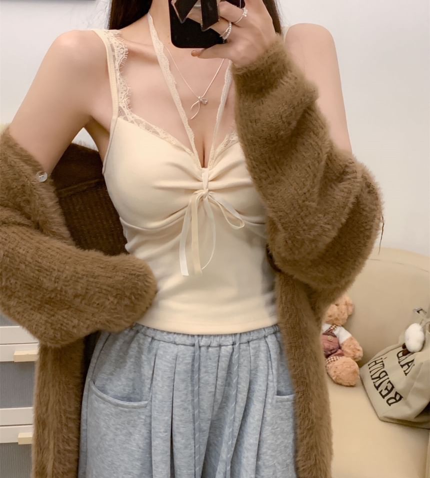 V-Neck Lace Trim Crop Cami Top