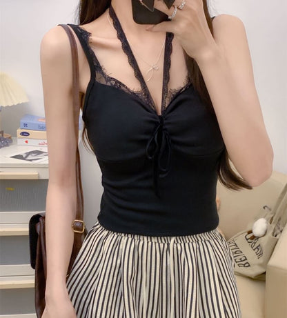 V-Neck Lace Trim Crop Cami Top