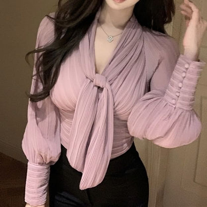 Puff-Sleeve Tie-Neck Plain Ruched Blouse