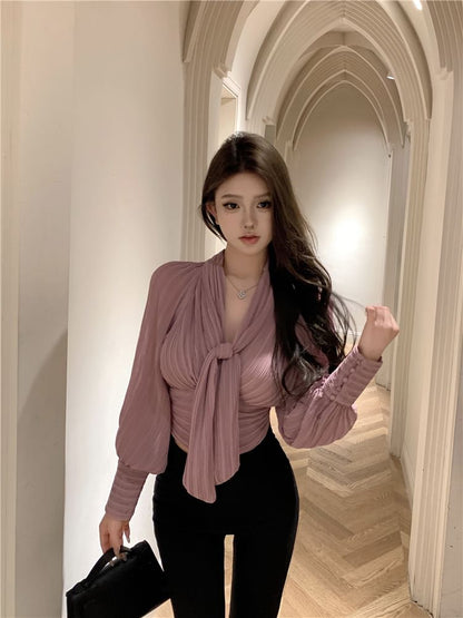 Puff-Sleeve Tie-Neck Plain Ruched Blouse