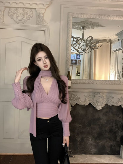 Puff-Sleeve Tie-Neck Plain Ruched Blouse