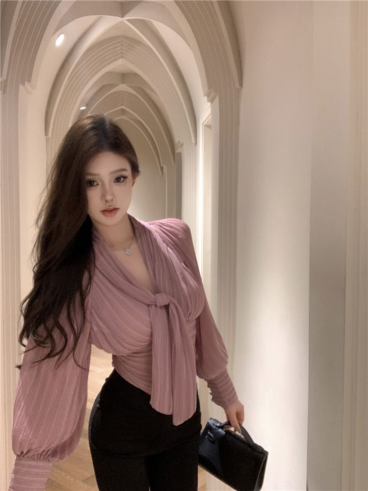 Puff-Sleeve Tie-Neck Plain Ruched Blouse