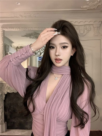 Puff-Sleeve Tie-Neck Plain Ruched Blouse