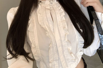 Long-Sleeve Plain Ruffle Crop Shirt