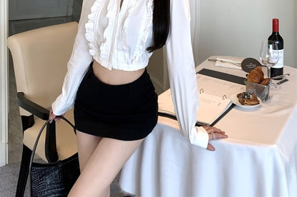 Long-Sleeve Plain Ruffle Crop Shirt