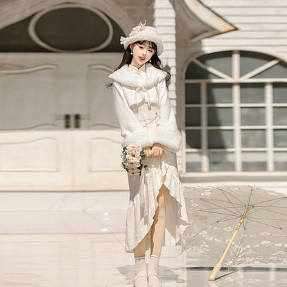 Set: Long-Sleeve Asymmetrical Ruffled Plain Midi Qipao + Fluffy Cuff Jacket + Floral Brooch