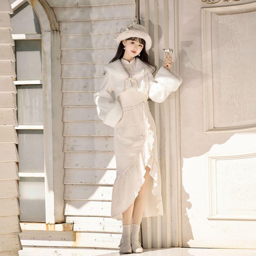 Set: Long-Sleeve Asymmetrical Ruffled Plain Midi Qipao + Fluffy Cuff Jacket + Floral Brooch