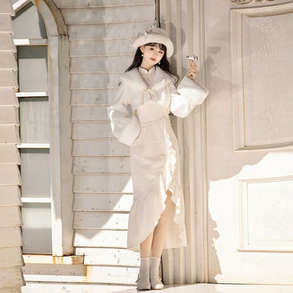 Set: Long-Sleeve Asymmetrical Ruffled Plain Midi Qipao + Fluffy Cuff Jacket + Floral Brooch