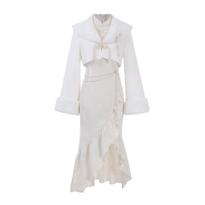Set: Long-Sleeve Asymmetrical Ruffled Plain Midi Qipao + Fluffy Cuff Jacket + Floral Brooch