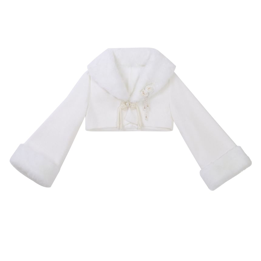 Set: Long-Sleeve Asymmetrical Ruffled Plain Midi Qipao + Fluffy Cuff Jacket + Floral Brooch