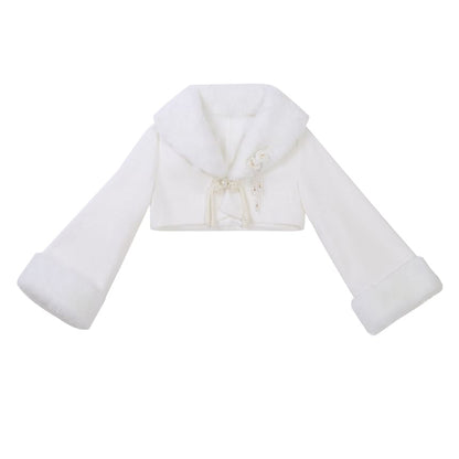 Set: Long-Sleeve Asymmetrical Ruffled Plain Midi Qipao + Fluffy Cuff Jacket + Floral Brooch