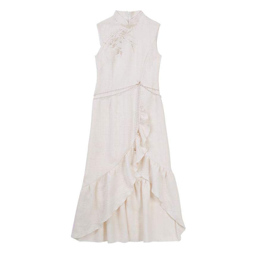 Set: Long-Sleeve Asymmetrical Ruffled Plain Midi Qipao + Fluffy Cuff Jacket + Floral Brooch