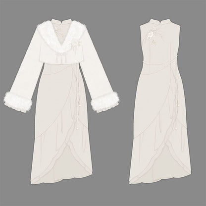 Set: Long-Sleeve Asymmetrical Ruffled Plain Midi Qipao + Fluffy Cuff Jacket + Floral Brooch