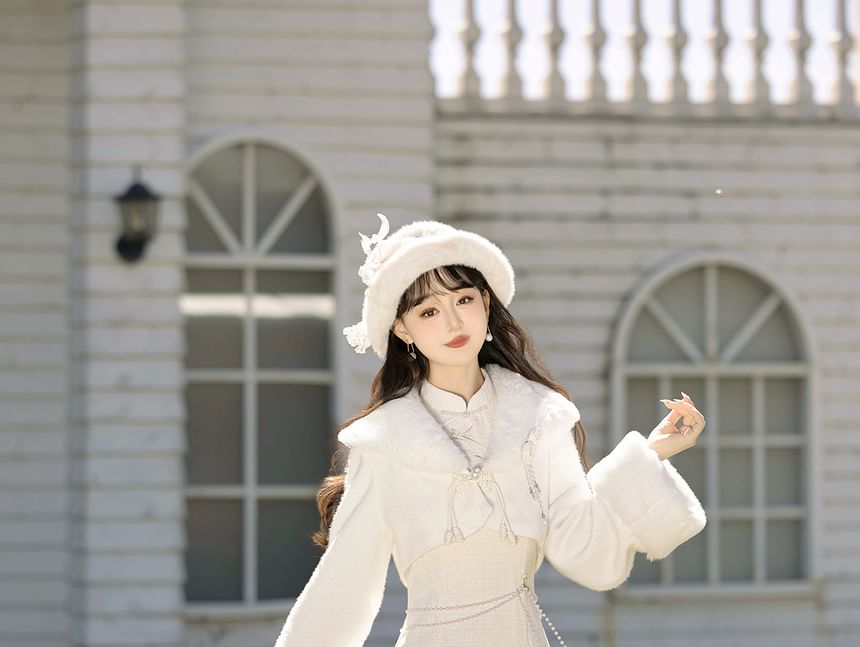 Set: Long-Sleeve Asymmetrical Ruffled Plain Midi Qipao + Fluffy Cuff Jacket + Floral Brooch