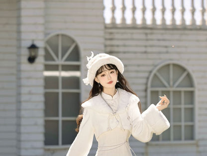 Set: Long-Sleeve Asymmetrical Ruffled Plain Midi Qipao + Fluffy Cuff Jacket + Floral Brooch