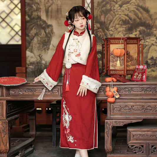 Long-Sleeve Floral Embroidered Midi Qipao / Fluffy Trim Frog Buttoned Vest / Set