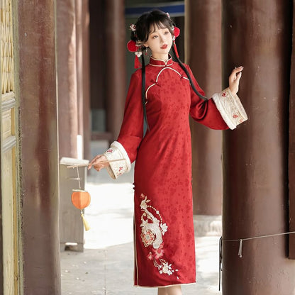Long-Sleeve Floral Embroidered Midi Qipao / Fluffy Trim Frog Buttoned Vest / Set