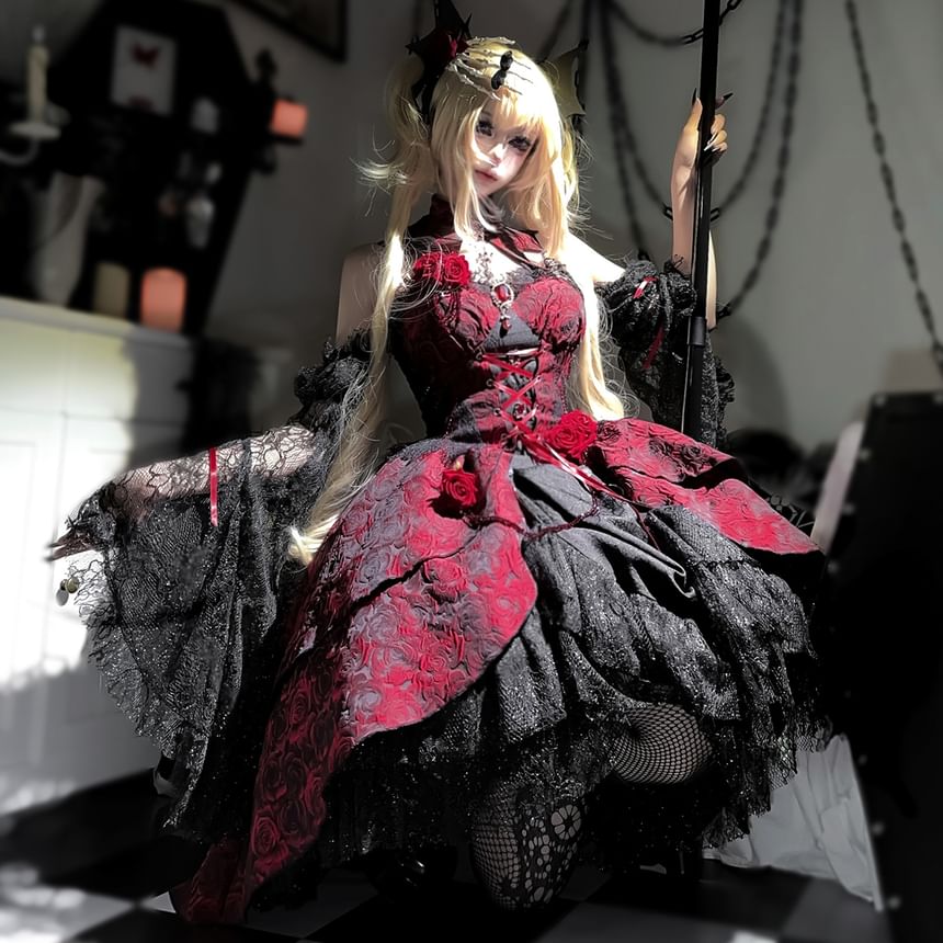 Set: Spaghetti Strap Floral Print Lace Panel Mini A-Line Lolita Dress + Arm Sleeves + Decorative Collar