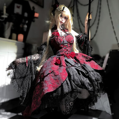 Set: Spaghetti Strap Floral Print Lace Panel Mini A-Line Lolita Dress + Arm Sleeves + Decorative Collar