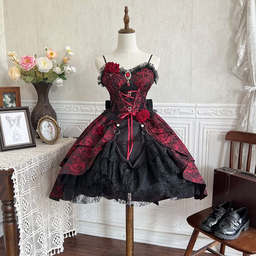 Set: Spaghetti Strap Floral Print Lace Panel Mini A-Line Lolita Dress + Arm Sleeves + Decorative Collar