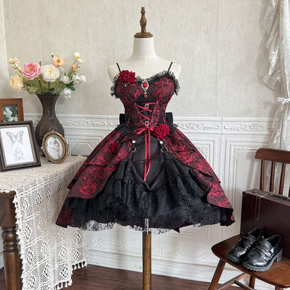 Set: Spaghetti Strap Floral Print Lace Panel Mini A-Line Lolita Dress + Arm Sleeves + Decorative Collar