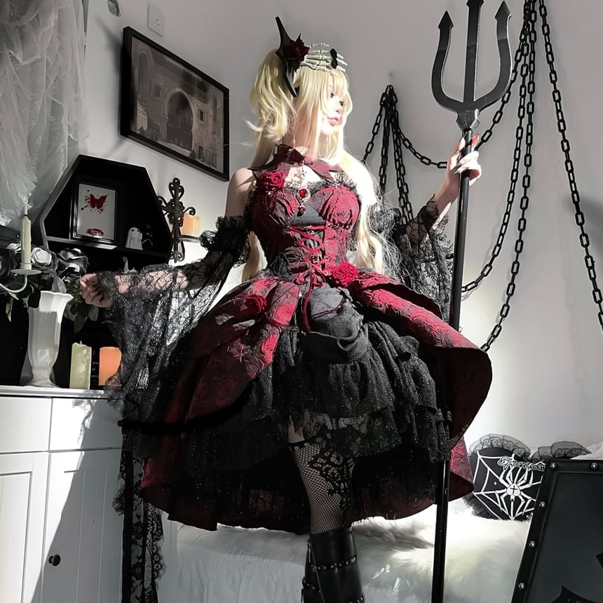Set: Spaghetti Strap Floral Print Lace Panel Mini A-Line Lolita Dress + Arm Sleeves + Decorative Collar