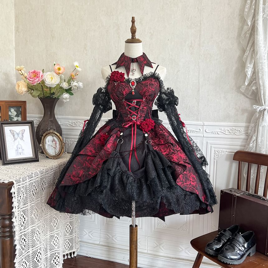 Set: Spaghetti Strap Floral Print Lace Panel Mini A-Line Lolita Dress + Arm Sleeves + Decorative Collar