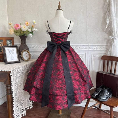 Set: Spaghetti Strap Floral Print Lace Panel Mini A-Line Lolita Dress + Arm Sleeves + Decorative Collar