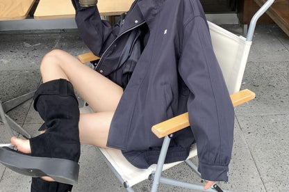 Stand Collar Embroidered Zip Jacket