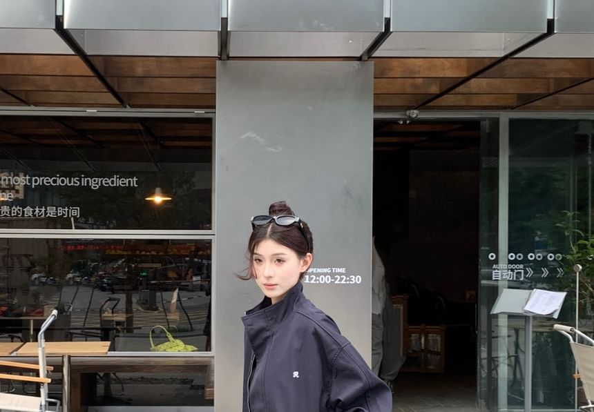 Stand Collar Embroidered Zip Jacket