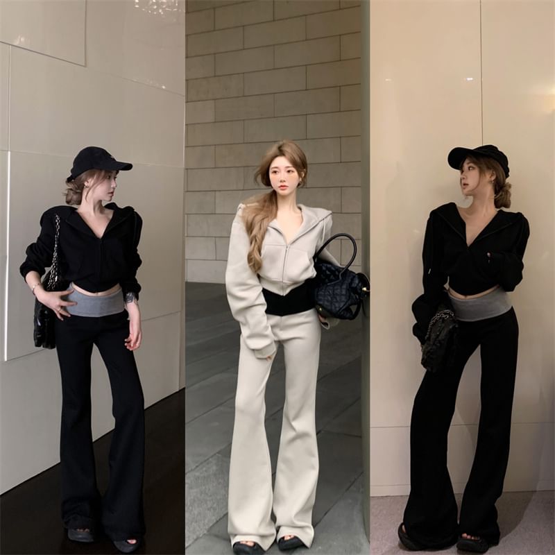 Plain Drawstring Crop Zip Hoodie / High Rise Two Tone Bootcut Sweatpants